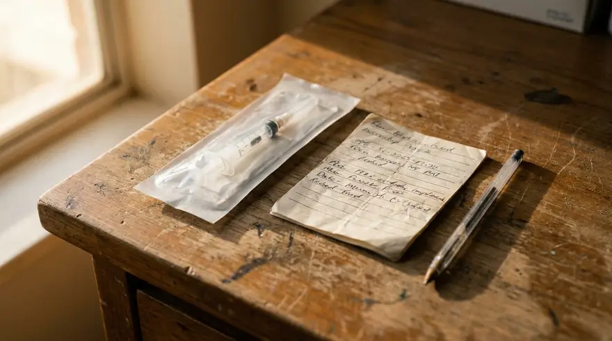 A closeup of a microchip implant syringe resting on a clinic bench beside a paper record card