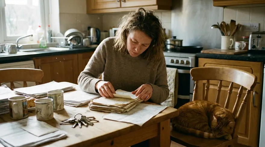 A pet owner at a kitchen table reading through council registration paperwork with a cat asleep beside her