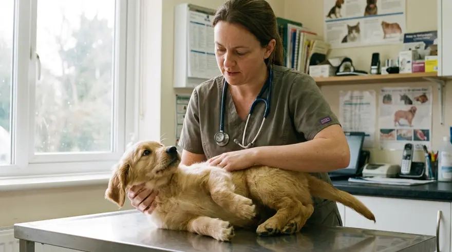 A vet nurse checking a puppy over during a first-year health check in a bright consult room