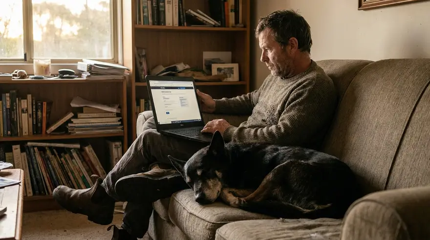 A person at a laptop updating an online pet registration record, dog resting at their feet