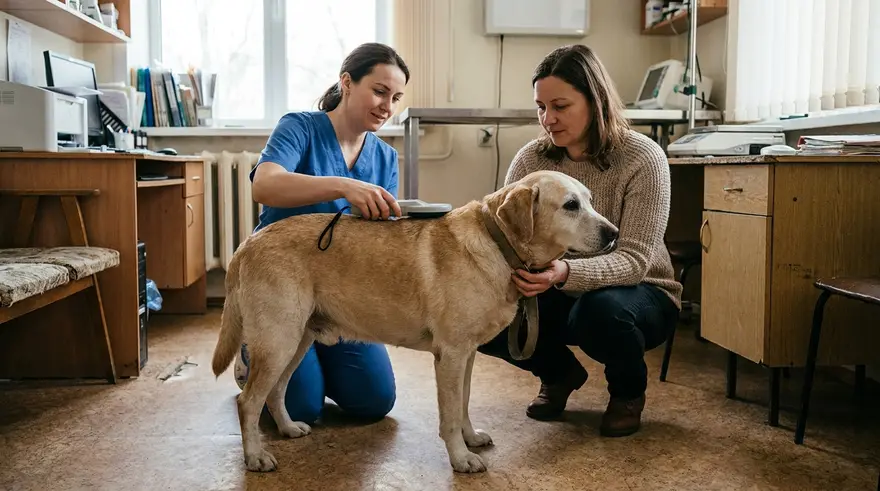 A vet running a microchip scanner along an older labrador's back during a routine annual check