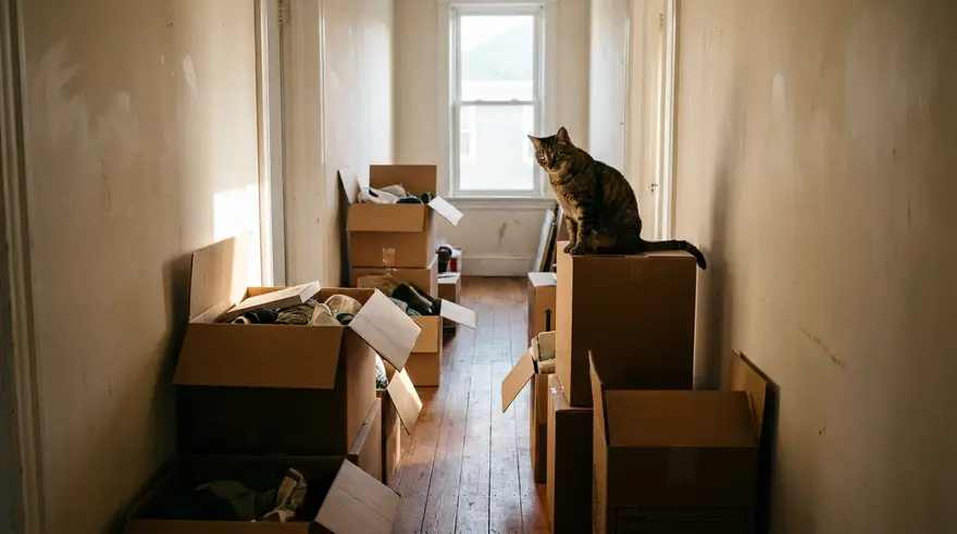 Moving boxes stacked in a hallway with a curious cat inspecting them
