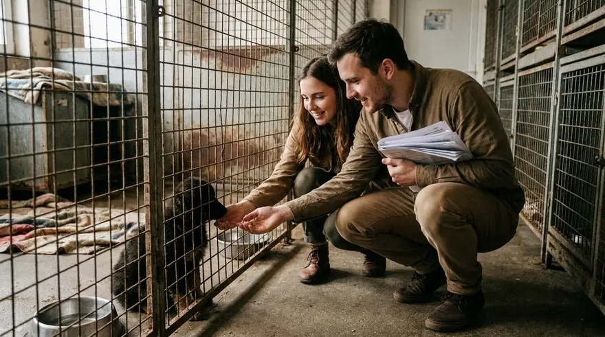 A young couple meeting a puppy at a shelter, paperwork in hand