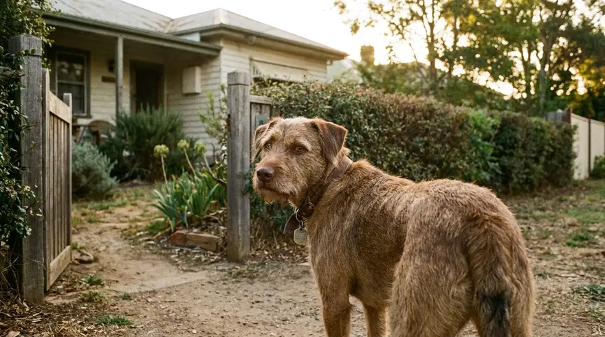 A dog wearing a collar with an ID tag standing at a front gate in the late afternoon