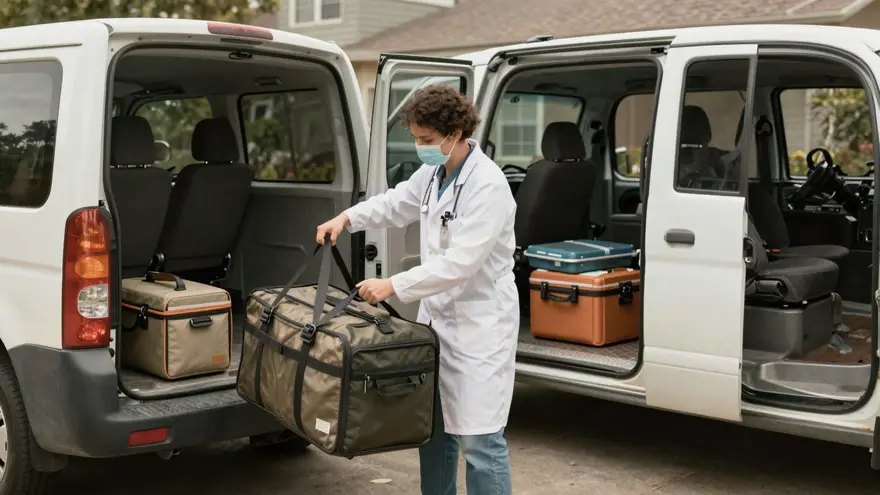 A veterinarian lifting a portable medical bag and equipment case from the back of a small van in a suburban driveway