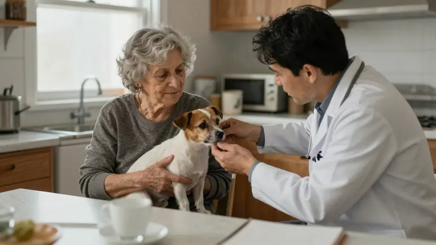 An elderly woman in her kitchen holding a small terrier while a vet listens to its chest at the kitchen table