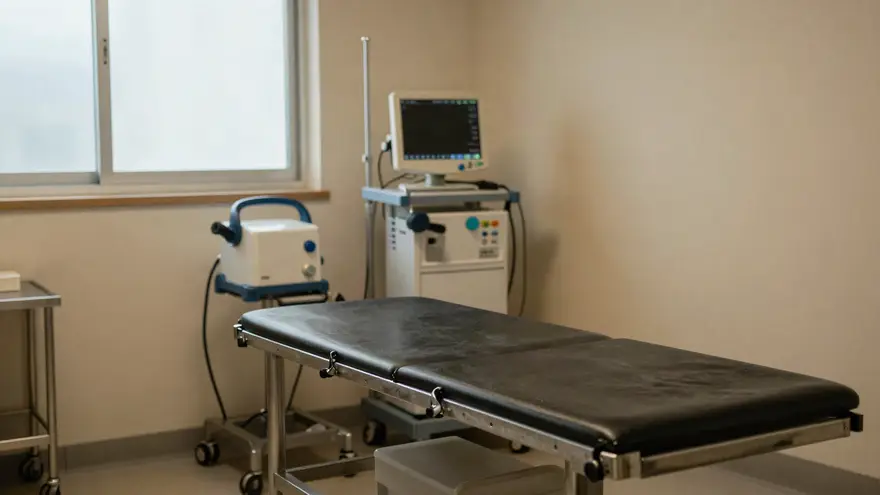 An empty veterinary treatment room with a stainless steel table, anaesthetic machine and monitoring equipment