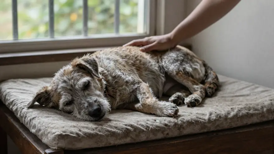 An old grey-muzzled dog resting peacefully on its favourite bed on a sunlit veranda with a hand resting gently on its side