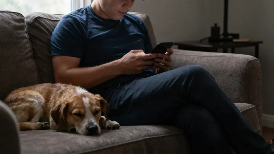 A person sitting on a couch searching on their phone with a dog asleep against their leg