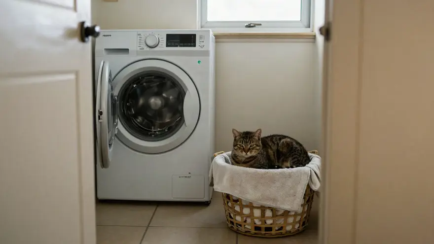 A cat curled up in a quiet laundry room beside a towel-lined basket, ready before the vet arrives