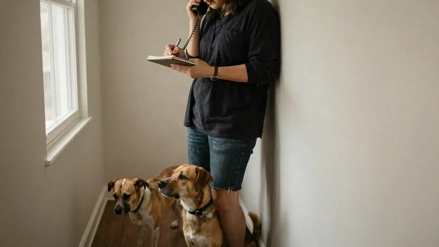 A person standing in a hallway on the phone taking notes on a notepad with a dog waiting at their feet