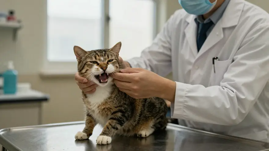 A vet lifting a cat's lip during a routine check-up to inspect the gums and teeth