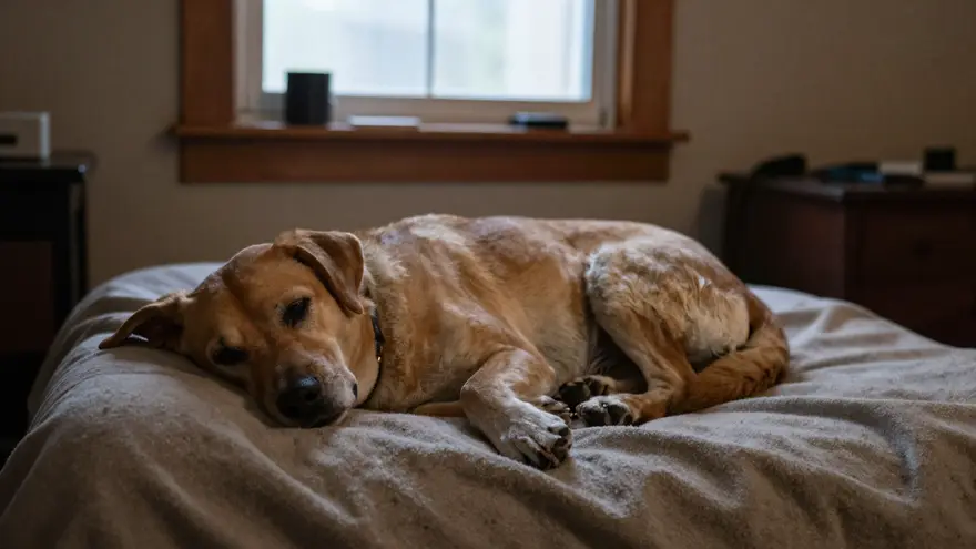 A calm pet resting on a soft blanket at home the evening after a dental procedure