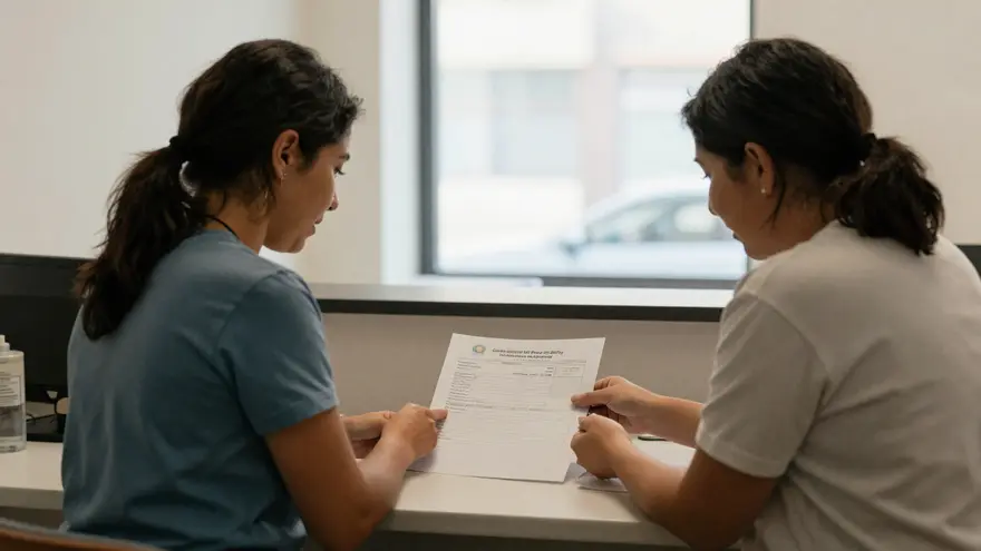 An owner discussing a written dental treatment estimate with clinic reception staff