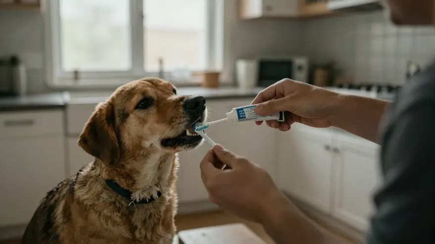 A dog owner brushing their dog's teeth at home with a finger brush and pet toothpaste