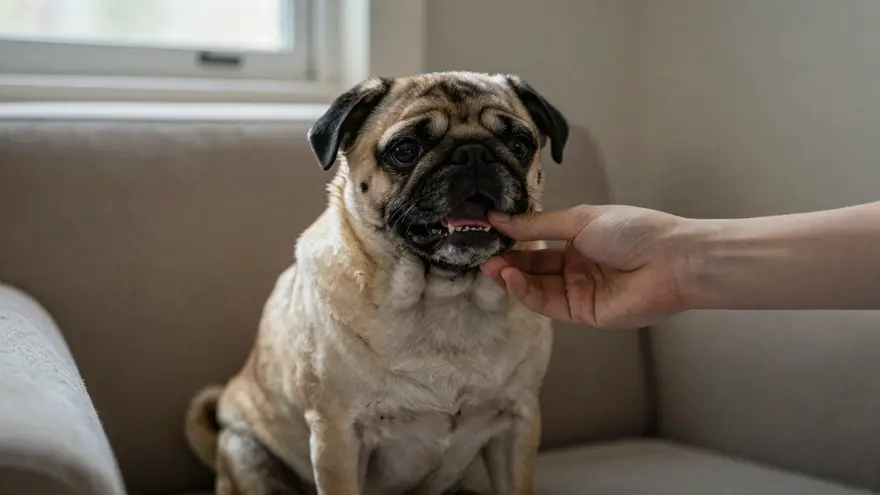 A small flat-faced dog sitting calmly while its owner lifts its lip to look at crowded teeth