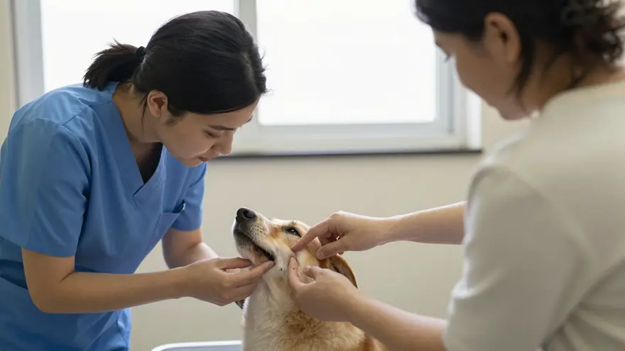 A vet nurse showing an owner how to run a finger along a pet's gumline to check for tartar