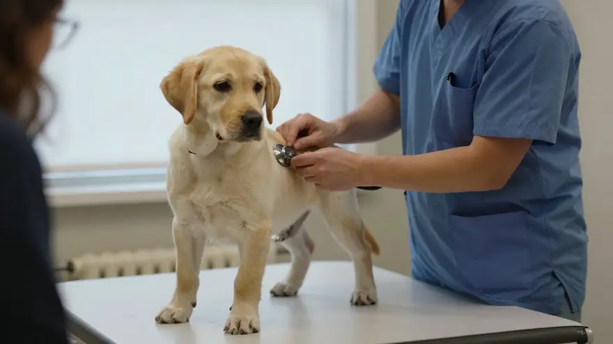 A young labrador on a consult table while a vet listens to its chest with a stethoscope
