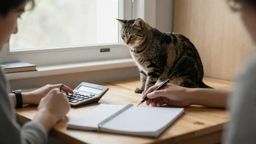 A person at a kitchen bench working through figures on a calculator with a notepad, a tabby cat watching from the bench
