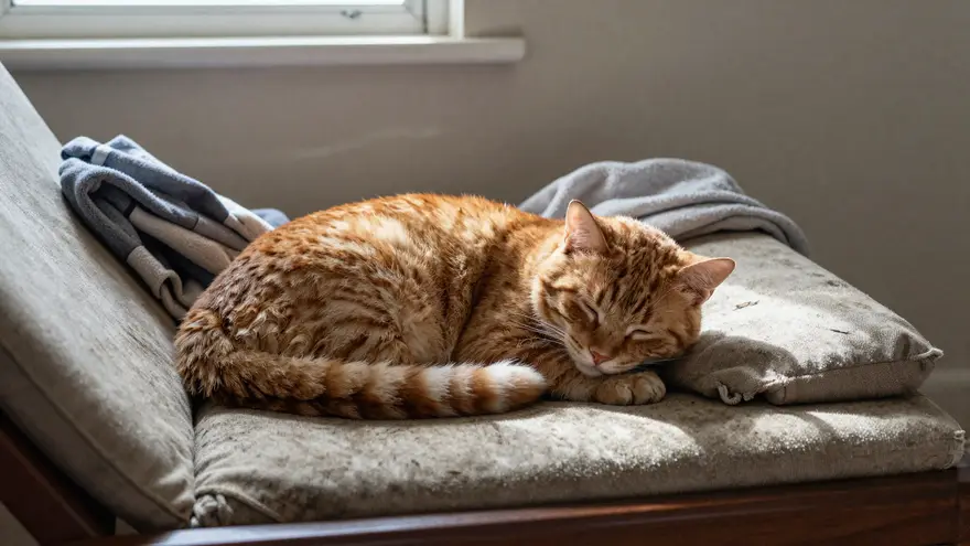 An older ginger cat asleep on a worn lounge cushion in afternoon light