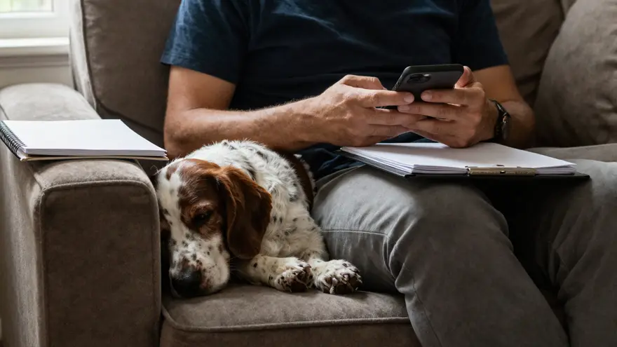 Hands holding a phone on a couch while a spaniel sleeps against their owner's leg