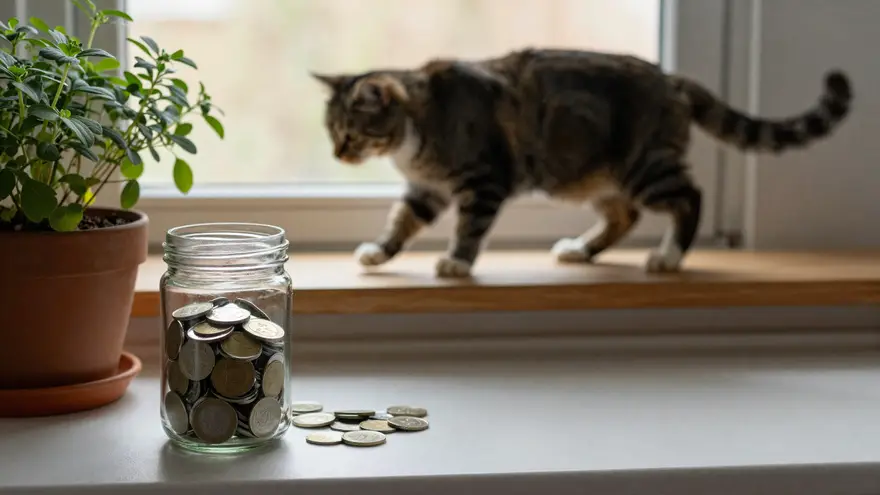 A glass jar of coins on a kitchen windowsill beside a potted herb, a cat walking along the bench behind