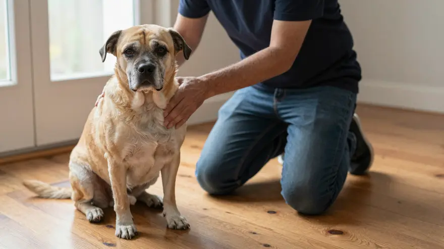 A senior dog with a grey muzzle sitting on a wooden floor with its owner kneeling beside it