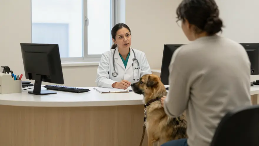 A veterinary receptionist talking with a pet owner across the clinic counter, a dog on a lead beside them