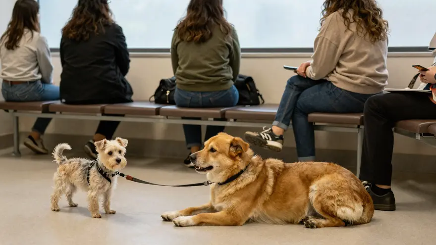 Owners and their dogs waiting on benches in a veterinary clinic reception area