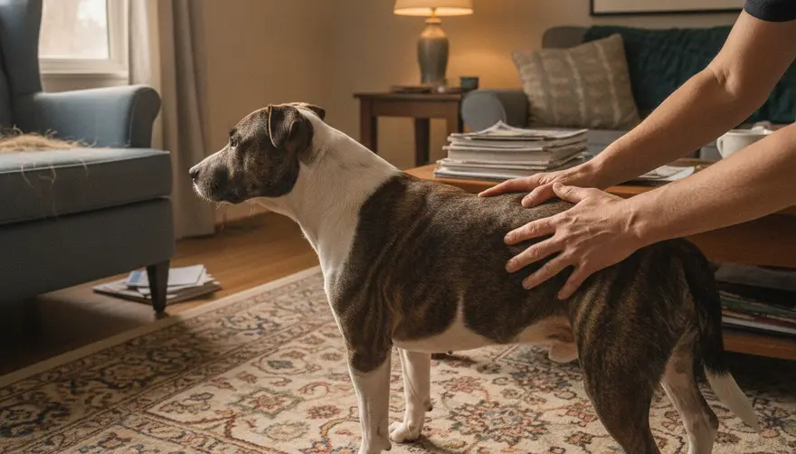 A person's hands feeling along the ribs of a stocky dog standing on a rug at home