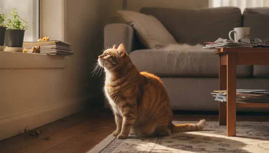 A heavy older cat hesitating at the bottom of a sunlit windowsill it used to jump onto