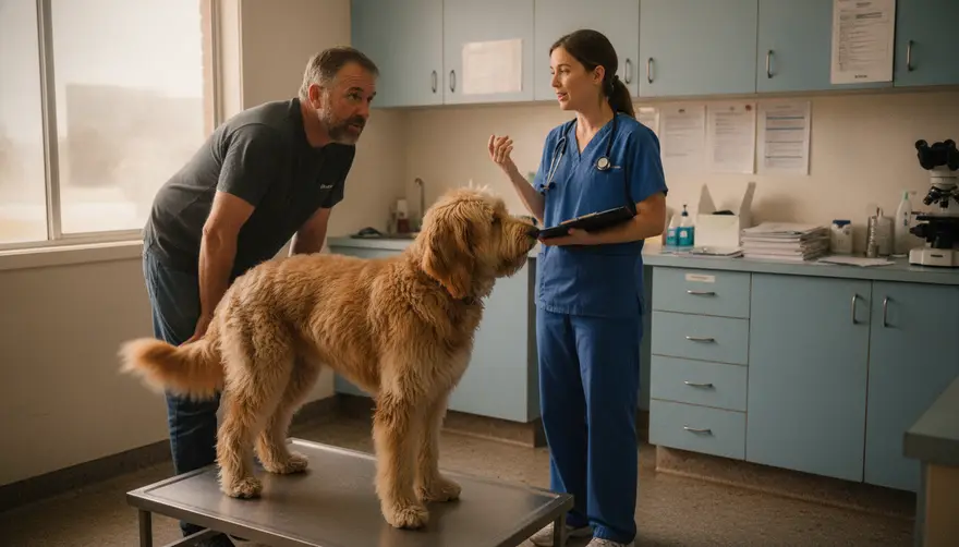 A vet in a consult room talking calmly with a dog owner while the dog stands on the clinic scales