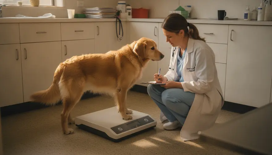 A vet weighing a large dog on a floor scale and writing the number into the record