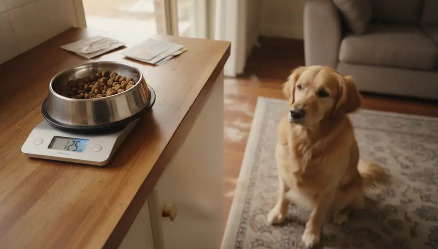 A kitchen bench with kitchen scales, a measured portion of kibble in a bowl and a dog waiting nearby