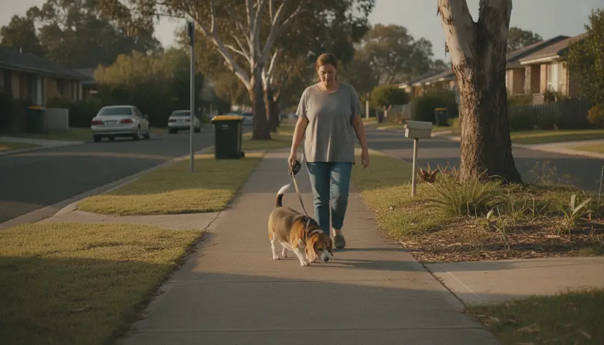 A woman walking a chunky beagle along a suburban footpath in soft morning light