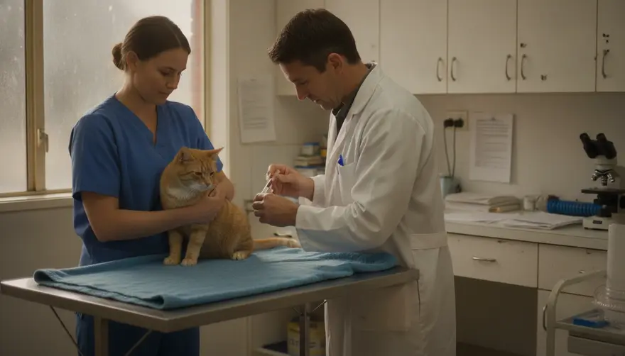 A vet drawing a small blood sample from a calm cat held gently by a nurse