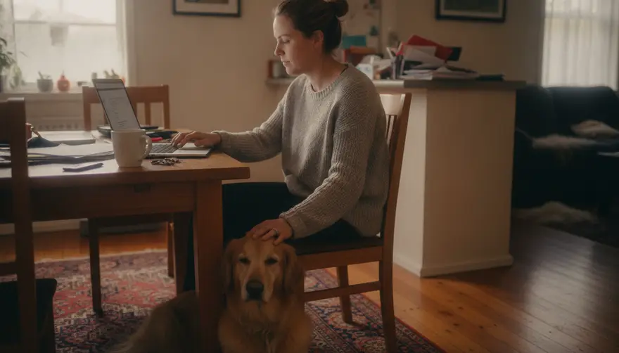 An owner at a kitchen table comparing vet clinics on a laptop while their dog rests its head on her knee
