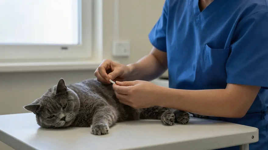 A veterinary nurse gently holding a relaxed cat while preparing a small blood sample