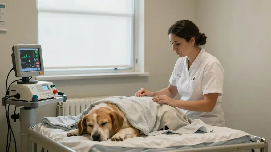 A quiet monitoring station in a clinic with soft lighting and a nurse attentively watching a patient