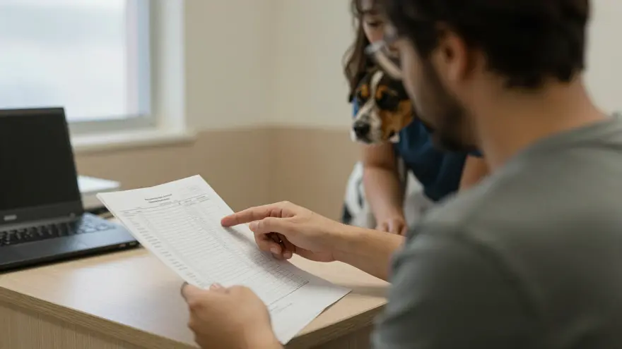 A pet owner reviewing a printed estimate at the front desk while a staff member points out the details