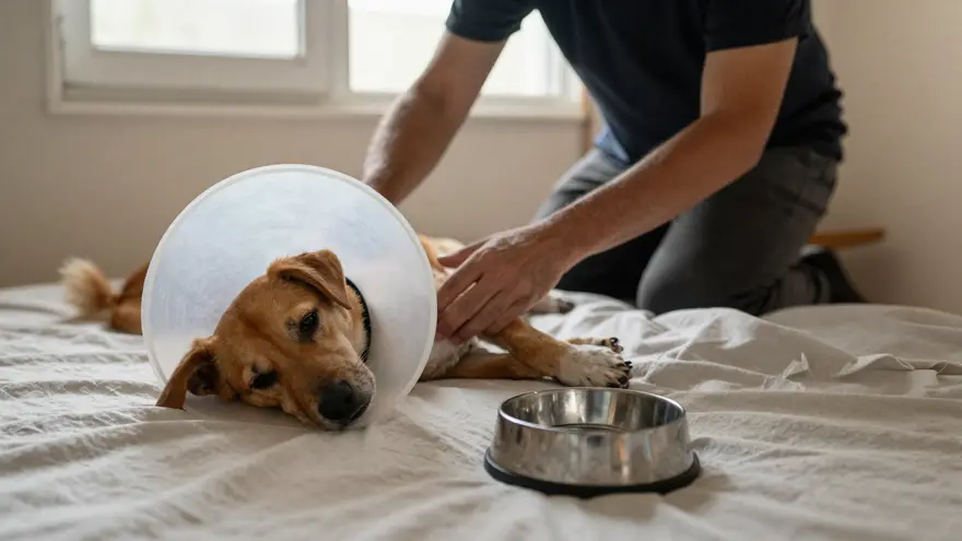 An owner settling a recovering dog onto a soft bed at home, an e-collar nearby and water within reach