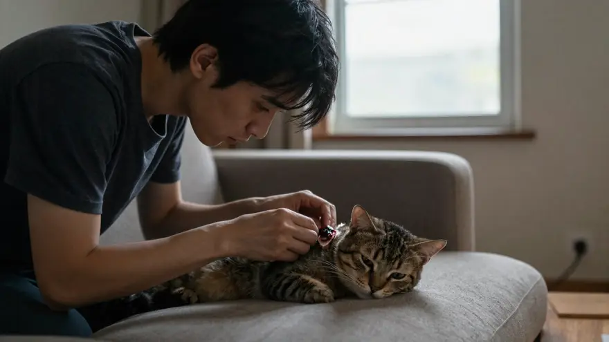 A worried owner checking a healing wound on a calm pet in soft evening light at home