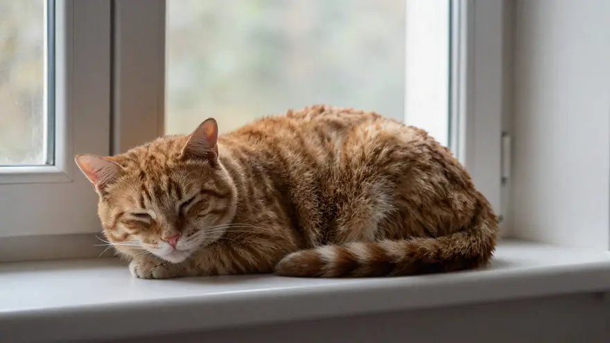 An old ginger cat with greying whiskers asleep on a sunny windowsill