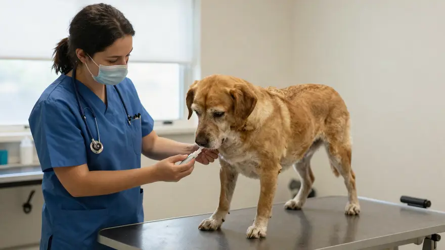 A vet nurse gently drawing a blood sample from the leg of a calm senior dog in a consulting room