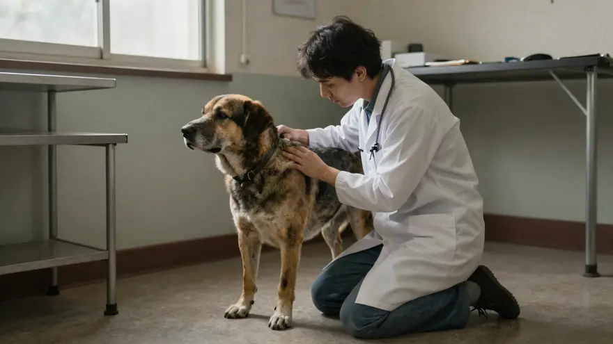 A vet kneeling on the consult room floor beside a large old dog rather than lifting it onto a table