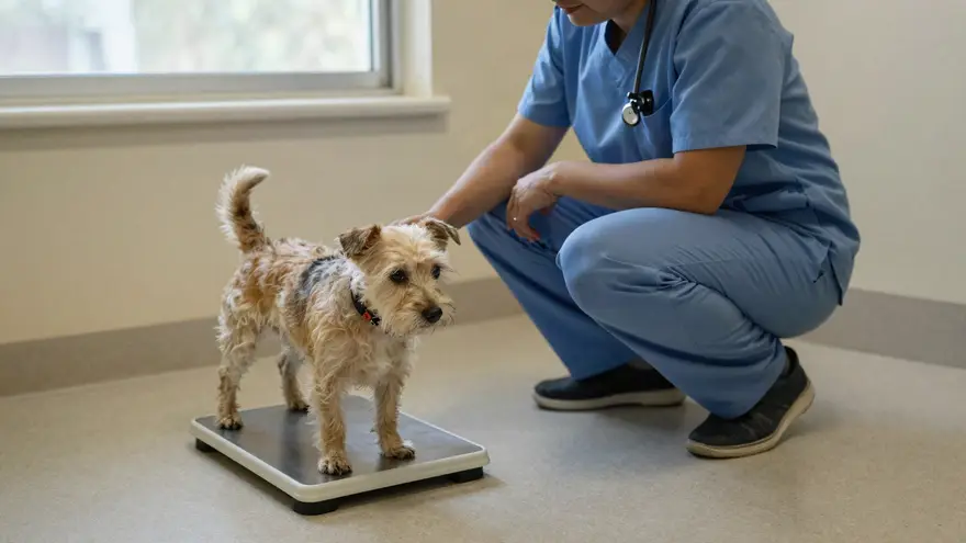 A small elderly terrier standing on flat floor scales while a nurse crouches beside it
