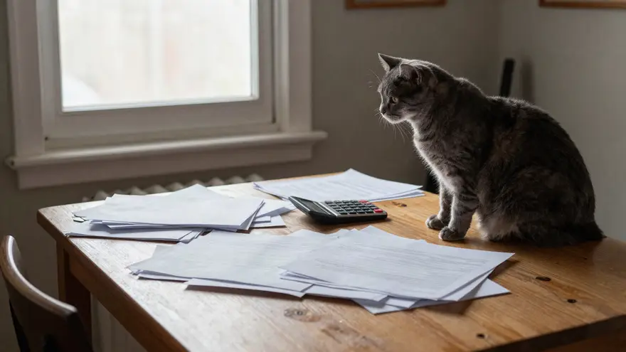 A kitchen table with paperwork and a calculator while an old grey cat sits nearby in morning light
