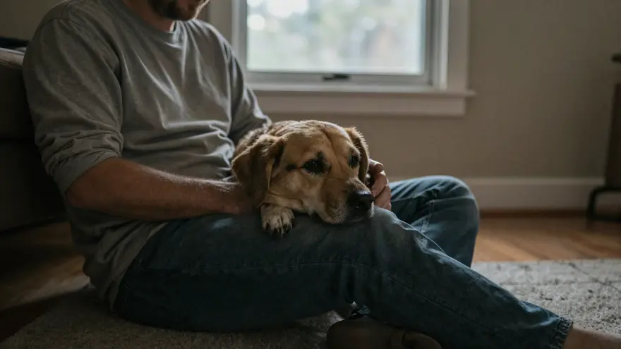 An owner sitting on the living room floor in evening light with an old dog's head resting in their lap