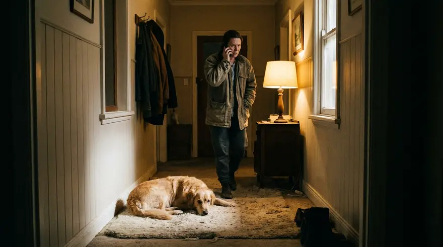 An owner making an urgent phone call in a hallway at night while a dog rests on the rug nearby