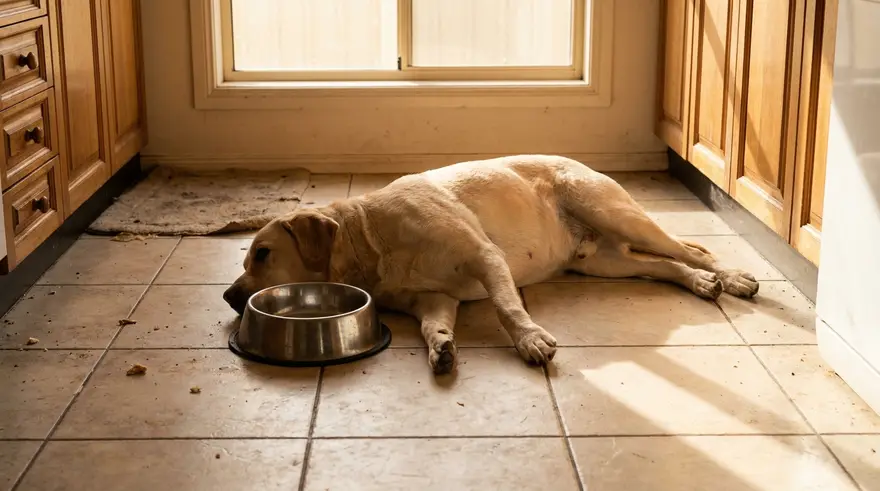 A labrador lying flat on the kitchen floor beside an untouched food bowl